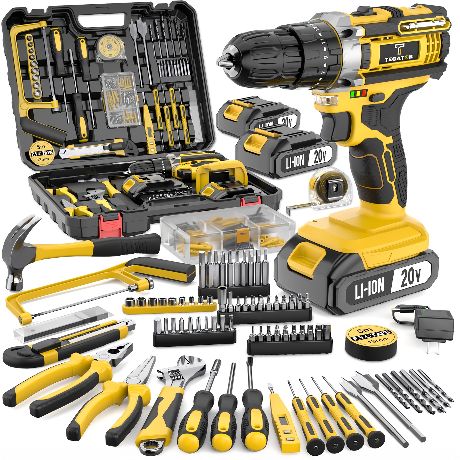   20v 58 136pcs 147pcs cordless impact drill kit with 20 plus 3 torque settings 45nm   built in led light 2 0ah rechargeable battery and fast charger ideal for home renovation woodworking furniture assembly metal drilling