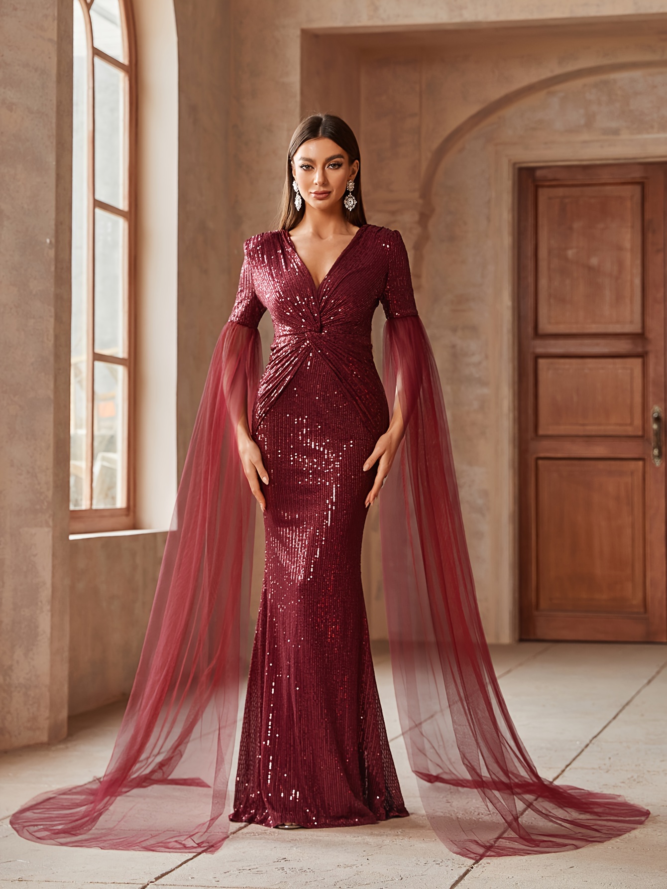 sequined mesh stitching twist dress elegant v neck bodycon - Temu