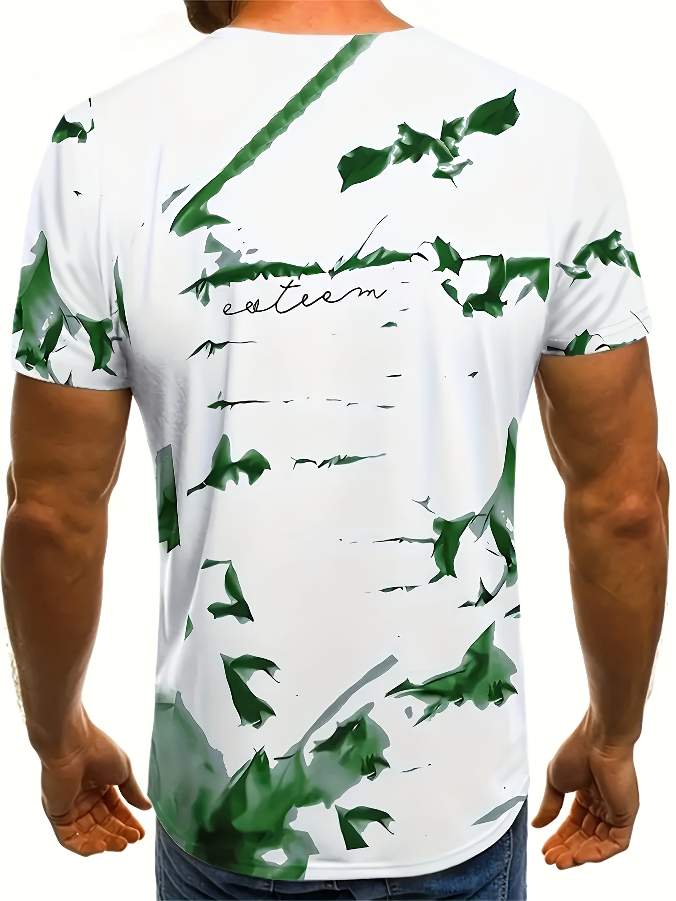 Men's Casual Short Sleeve T-Shirt - Gradient Ink Splatter & Bird Pattern Design, Green & White Opaque Polyester Blend Knit Fabric, Breathable Round Neck Tee for Spring/Summer Daily Wear & Vacation, Leisure Apparel, Relaxed Fit Shirt, Opaque Material, PLUS SIZE