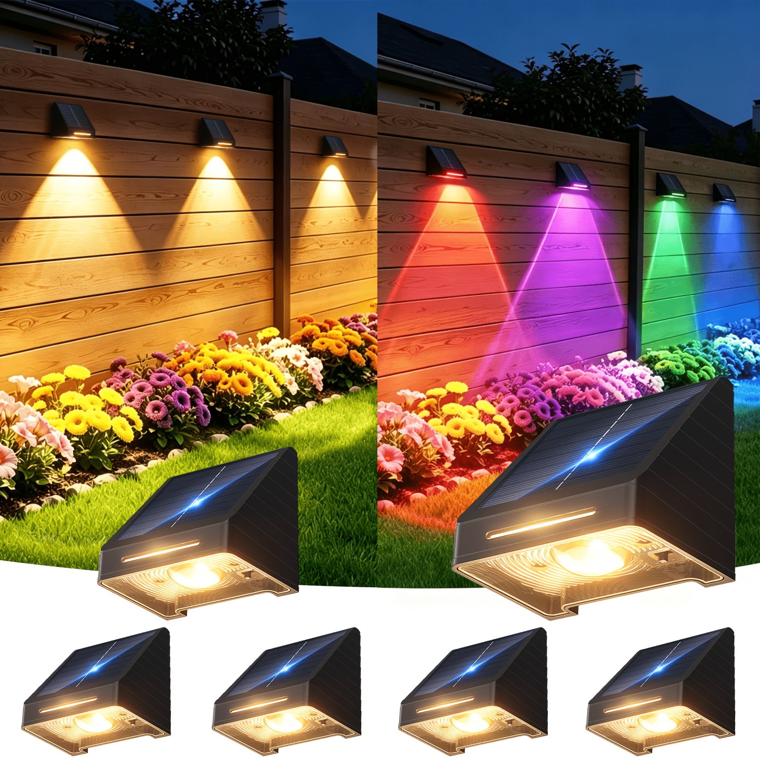 Image of Solar Fence Lights Outdoor 4/6/12 Pack, Solar Fence Lights With Led Lens, 10 & 9 Colors Outdoor Solar Lights For Fence, Backyard, Railing, Patio, Wall, Step, Deck