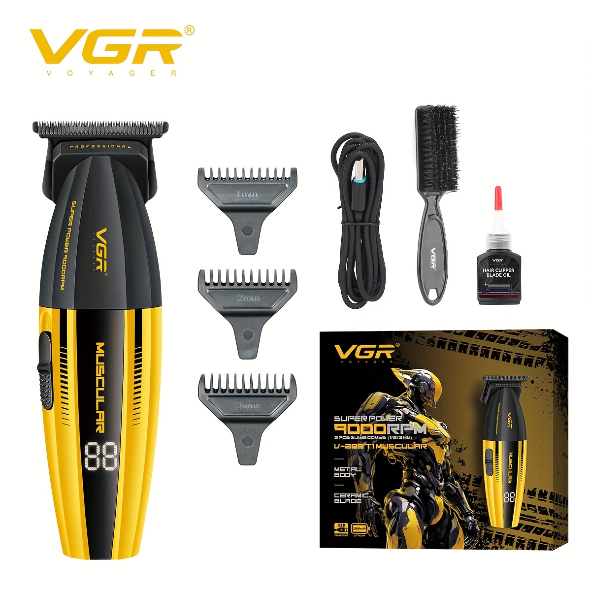 Image of Vgr Men's Hair Clipper & Beard Trimmer With Comb - Rechargeable Clipper Suitable For Hair, Grooming, Lcd/led Display, Yellow - Gift For Men, Husband, (-285t)