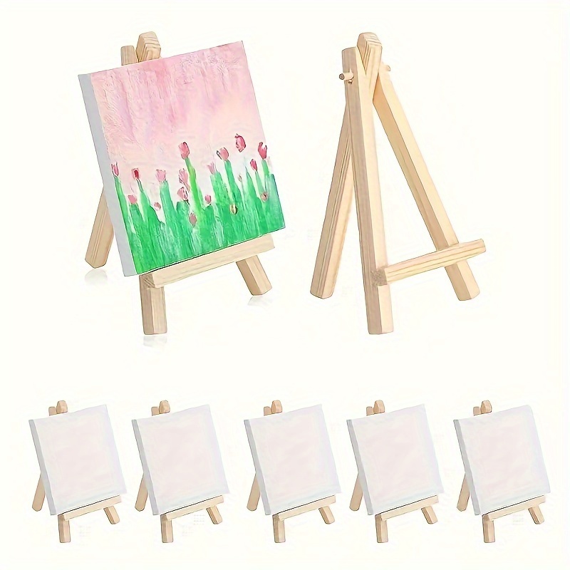 

4pcs Mini Canvas Panels And Easel Set - Square 3.9 X 3.9 Inch Stretched Blank White Canvases With Wooden Easels - Ideal For Acrylic, Oil, Watercolor Painting - Art Supplies For Projects And Gifting