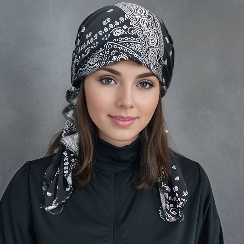 

Boho Paisley Print Tied Back Turban Hat, Lightweight Thin Headwear, Black And White Chemo Hat With Extended Tails