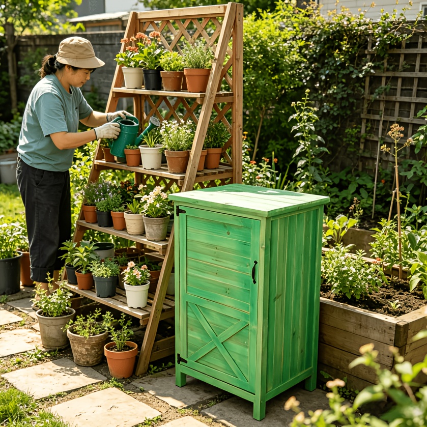 Image of 55×53×100cm Green Outdoor Storage Cabinet With Shelving, Mobile Garden Tool Storage Shed, Universal For Courtyard, Lawn, And Backyard, Temporarily Assemblable And Detachable, Green