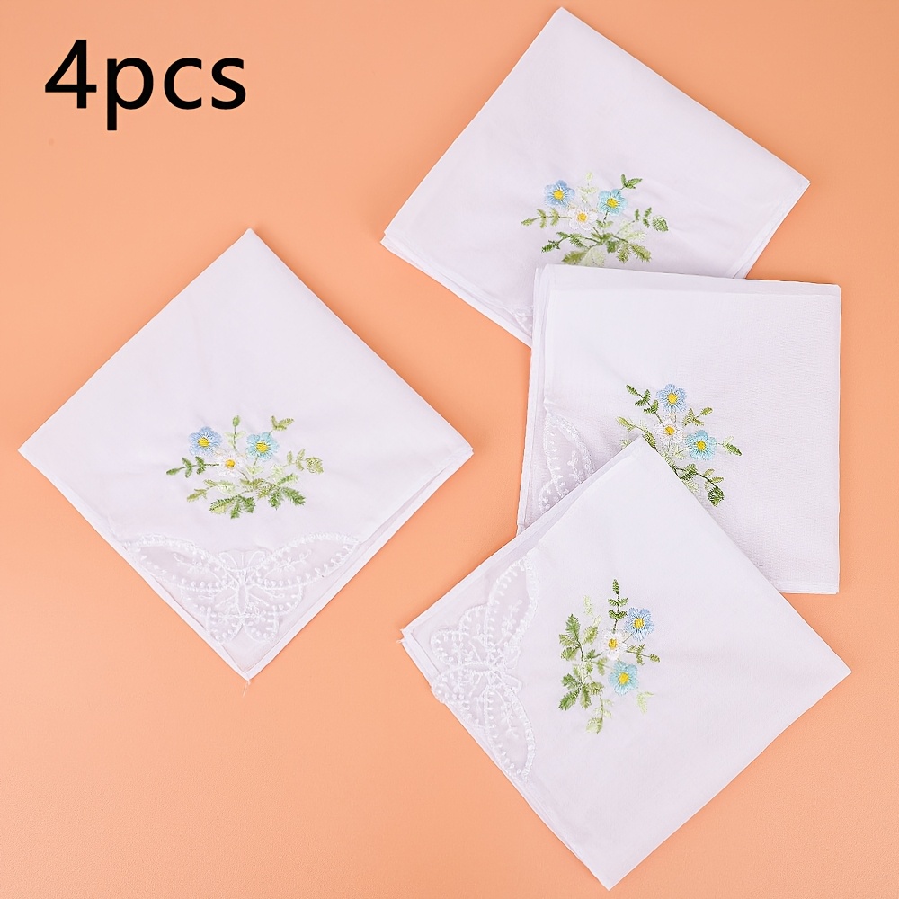 TEMU 4pcs 11" Elegant Embroidered Floral Lace Handkerchiefs Suitable For Women' Wedding, Party, Daily Use - Lace Edge Hankies With Intricate