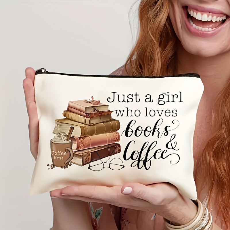 TEMU Who Books & Coffee - Durable, Stylish Gift, Convenient Zipper Closure, For Your Other, A Gift For Sisters, Portable Makeup Bag, Student Pencil