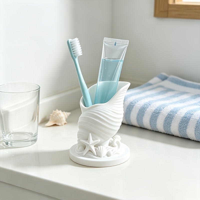 TEMU Ocean Nostalgia Bath Vanity Organizer, Statement Shell-profile Toiletry Station, Ornamental Circular Base With Standing Starfish And Shell