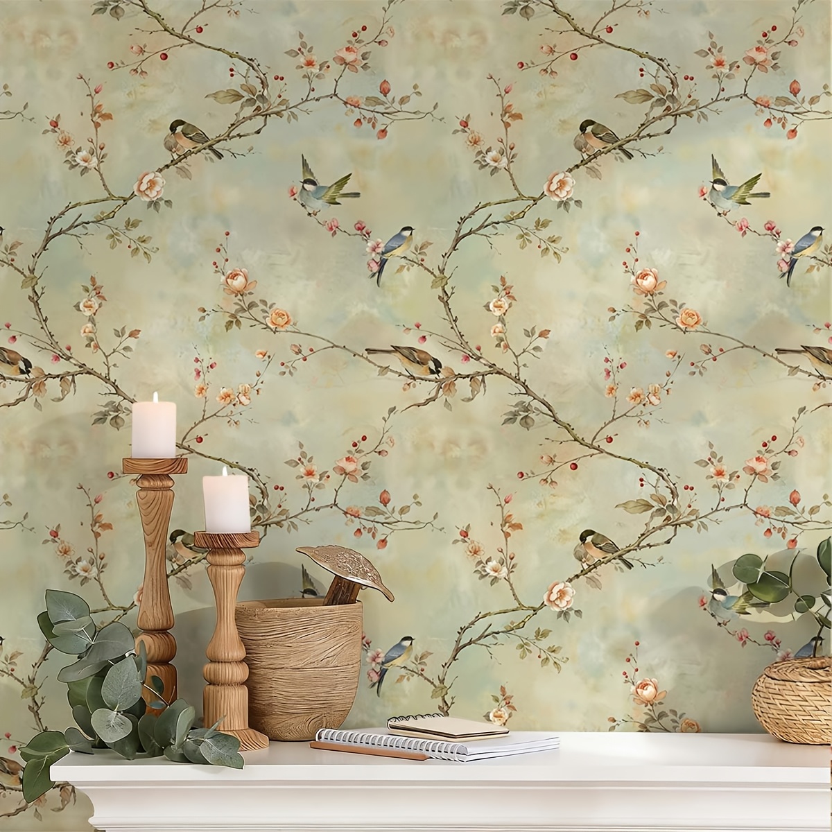 TEMU Nieuw Chinees Vintage Zelfklevend Behang met Bloemen en Vogels, met een Elegant van Bloemen, Takken en Kleine Vogels. Waterdicht, Slijtvast en