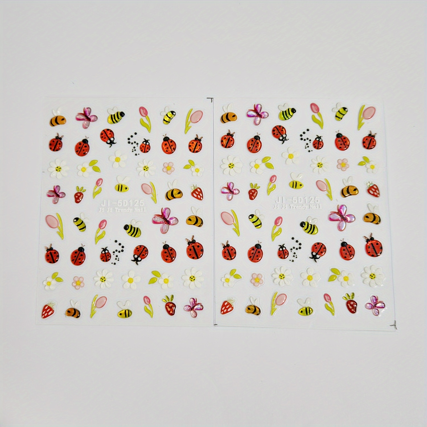 2 Sheets Of Adorable 5d Bee-themed Floral Nail Stickers, Featuring 3d Self-adhesive Designs Of Cartoon Ladybugs, Butterflies, Strawberries, And Elegant Daisies And Tulips For Nail Art Decoration