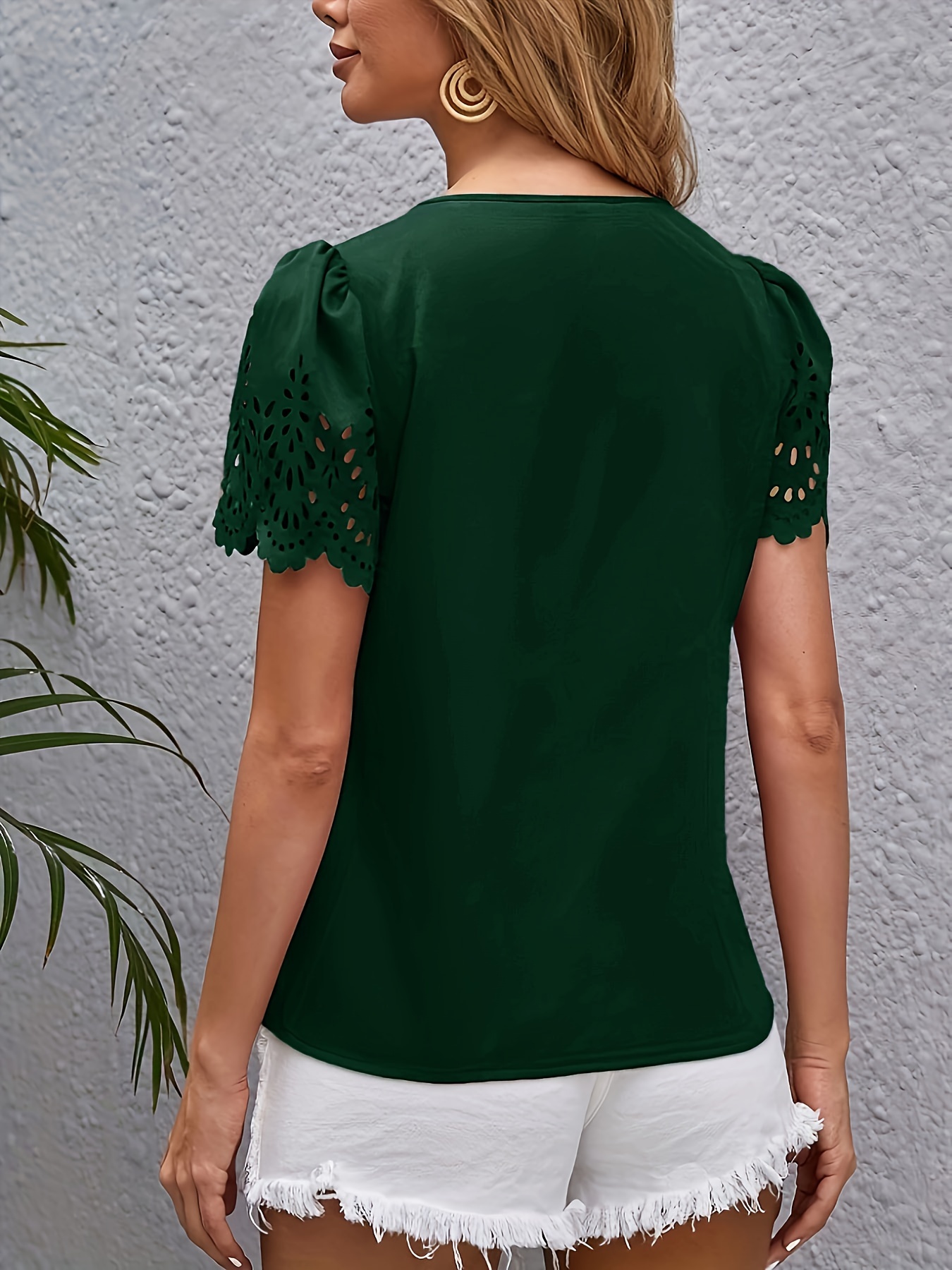 Elegant Casual Short-Sleeve Top for Women with Laser-Cut Scalloped Edges.