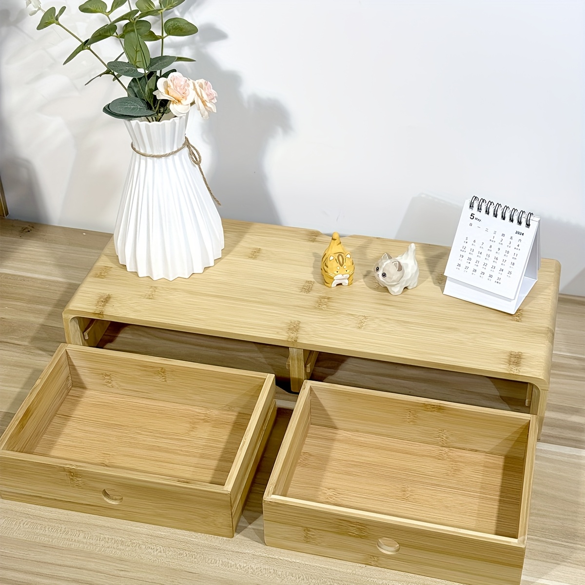 1pc Wooden Monitor Stand with Storage Drawers - Ergonomic Desktop Organizer for Home Office, Keyboard Tray & Space-Saving Desk Accessory with Decorative Figurine Display