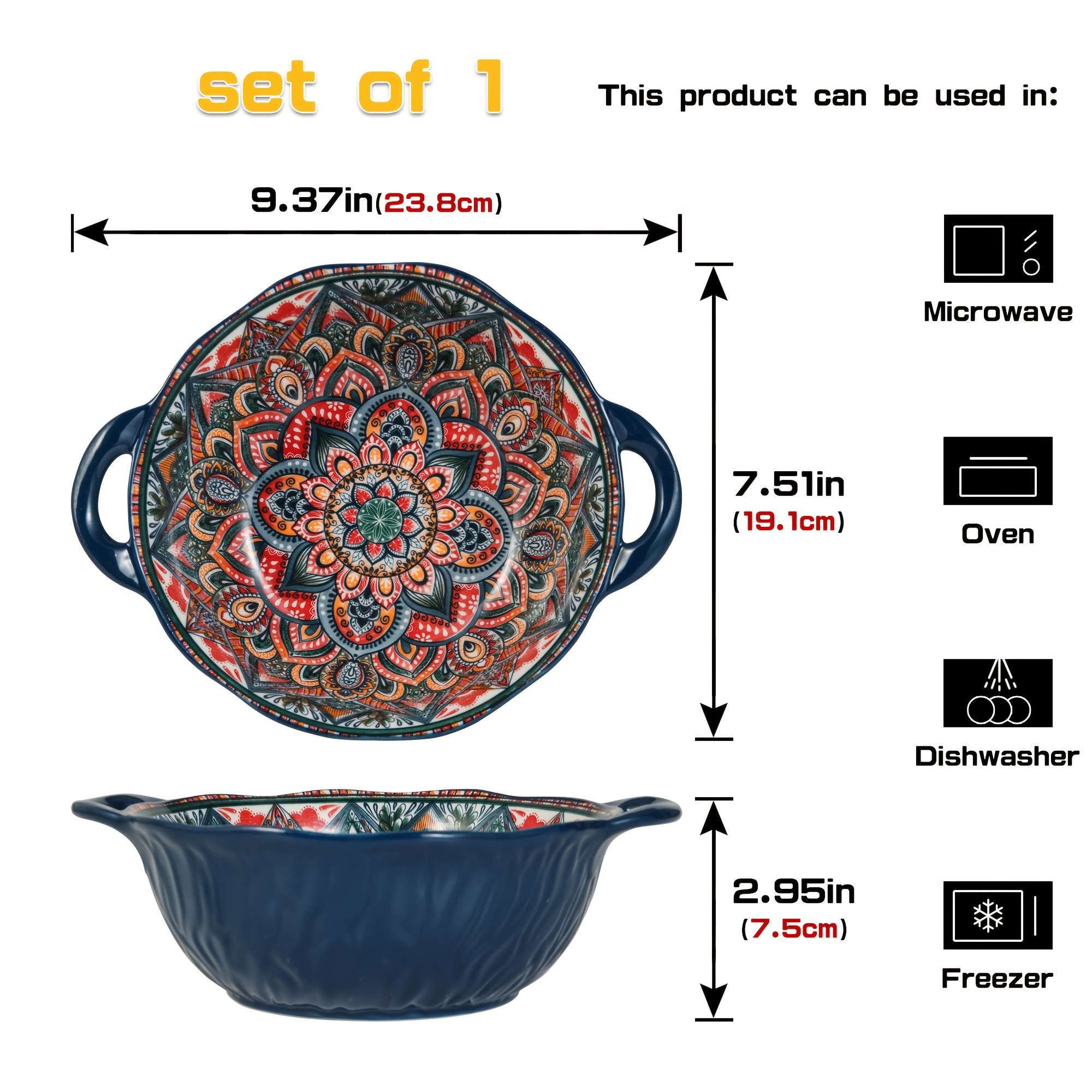 Bohemian Hand-painted Ceramic Bowl With Dual Handles - Microwave Safe, Perfect For Noodles & Salads - For Home, Restaurant, Or Hotel