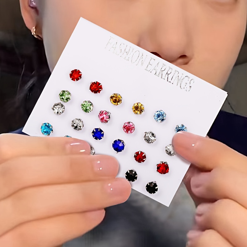 

24pcs Elegant Rhinestone Stud Earrings Set For Women - Sparkling Glass With Stainless Steel Posts, Ideal For Vacation, Parties & , Assorted Colors, Novelty Earrings