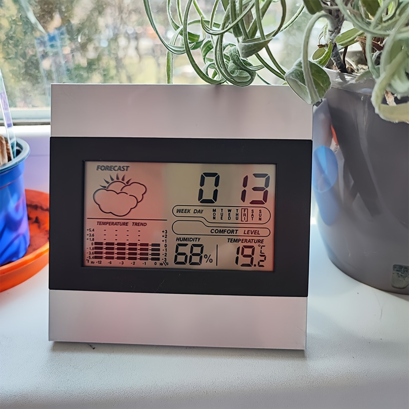 

1pc Digital Weather Station Clock With Temperature Trend, Large Led Display, Date, Max/min Temperature & Humidity Record, Snooze Alarm, C/f Settings, Plastic Material