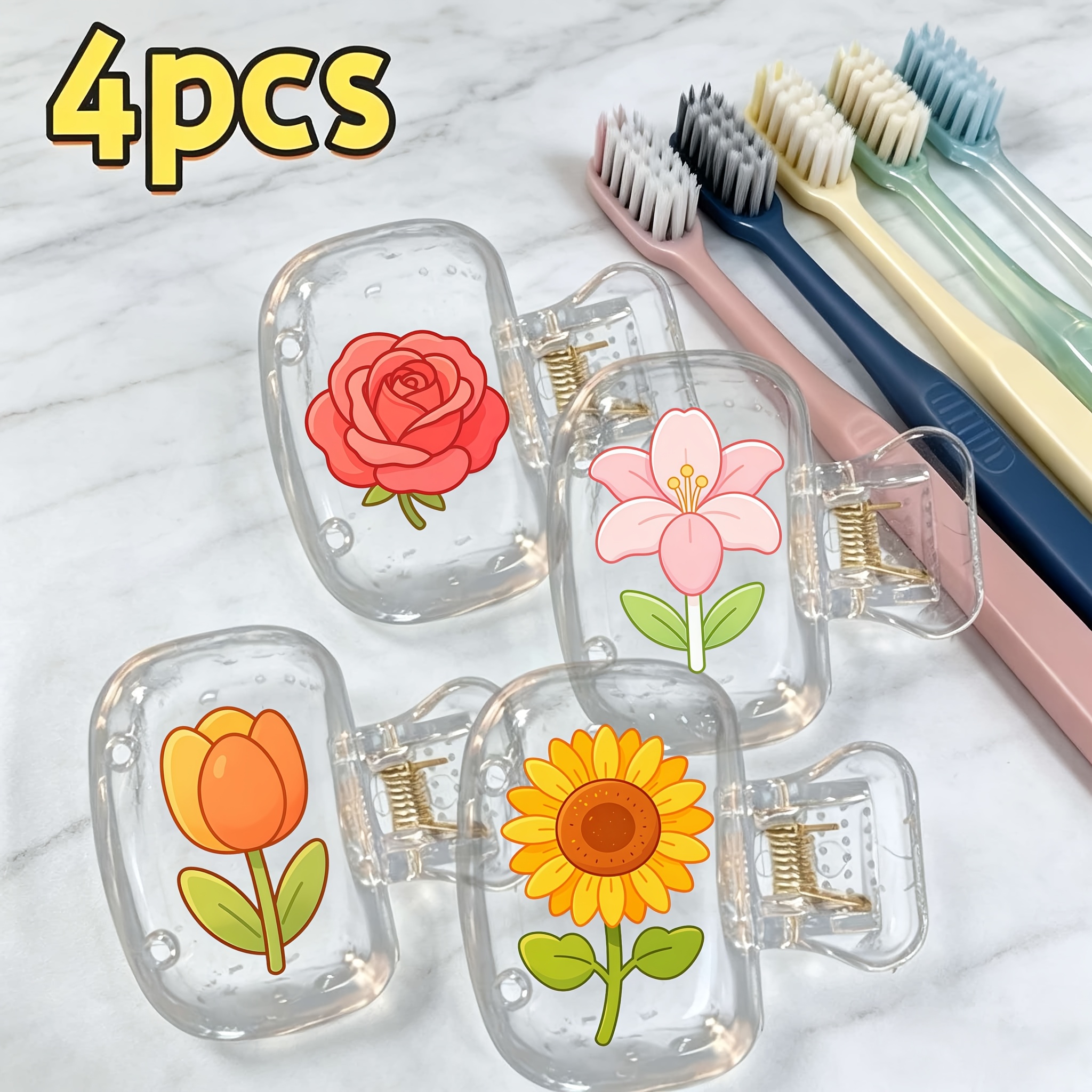 TEMU 4pcs Floral Pattern Printed Portable Dustproof Odorless Toothbrush Case - Suitable For Travel Sets Of Various Sizes, With Ventilation Holes To