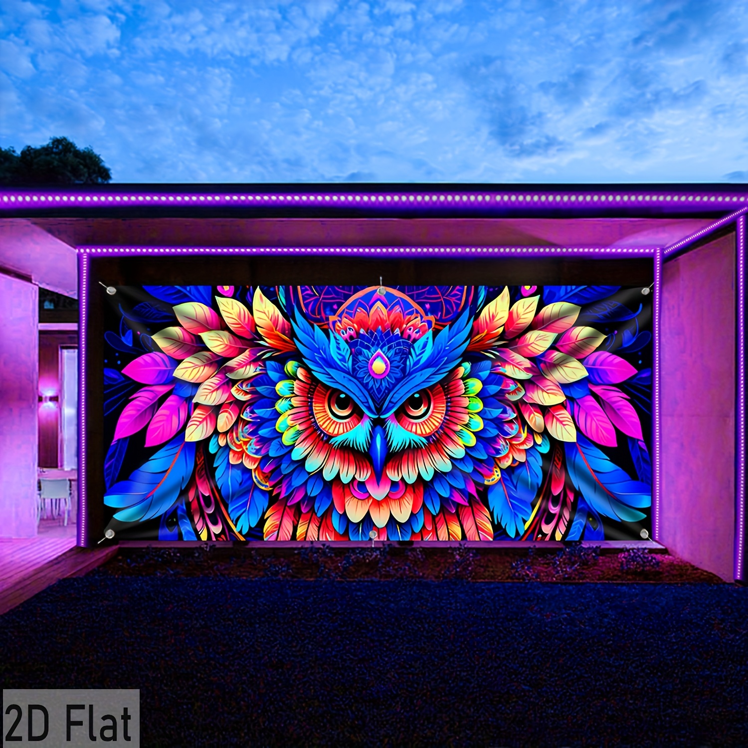 2d Flat, 2d Flat 1pc Vibrant Owl Decoration Uv Black Light Backdrop Cloth, Large Size Outdoor Decorative Tapestry, Festive Gift, Party Decor, Drill Holes Easy To Hang, 2d Flat