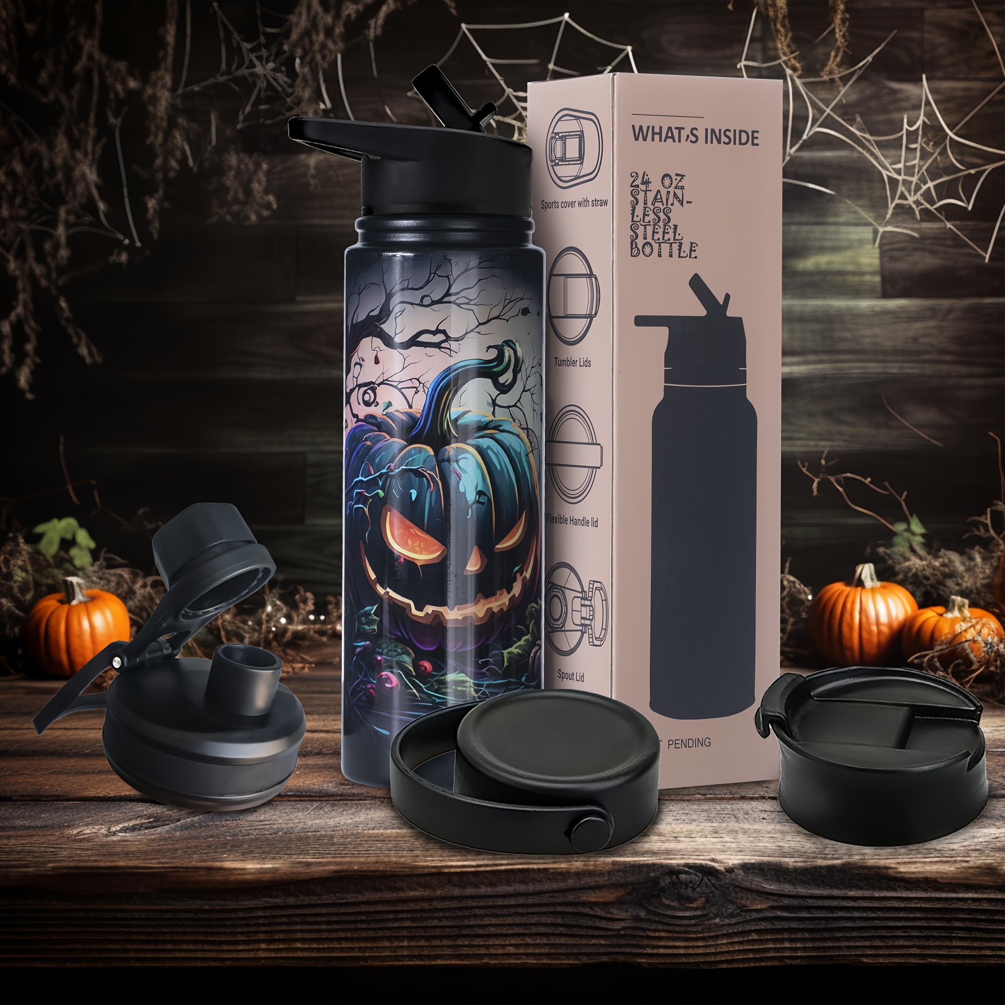 

Halloween Water Bottle With Grimace - 24 Oz Insulated Cups With Straws And 4 Lids, Halloween Tumbler Gifts For Friends Kids, Made Of Stainless Steel, The Gram Weight Is 1.22lb.