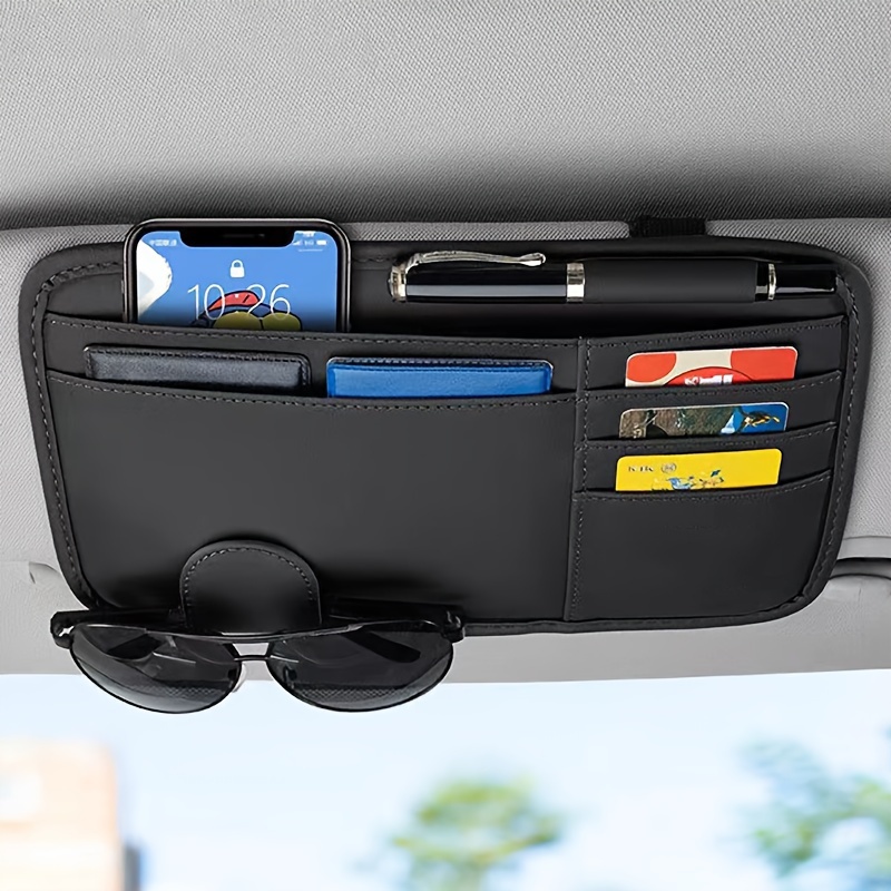 

1pc Pu Leather Car Visor Organizer With Glasses Holder, Multi-functional Storage Pouch For License, Cards, And Accessories - Vehicle Interior Accessory