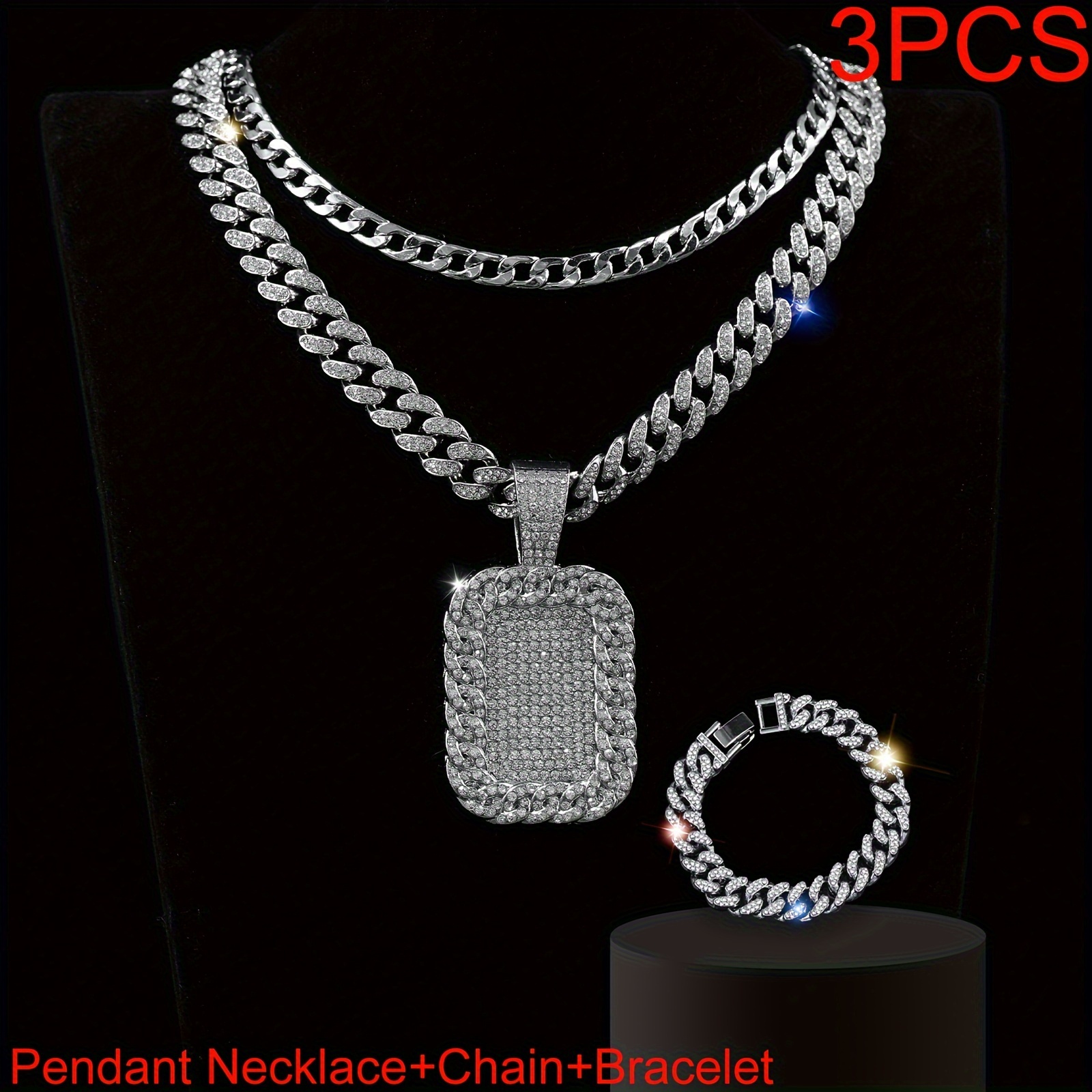 

3pcs Hip Hop Style Men's Rhinestone Encrusted Cuban Link Chain Necklace And Bracelet, Layered Rectangular Pendant, Sparkling Punk Jewelry Gift Set For Friends And Family