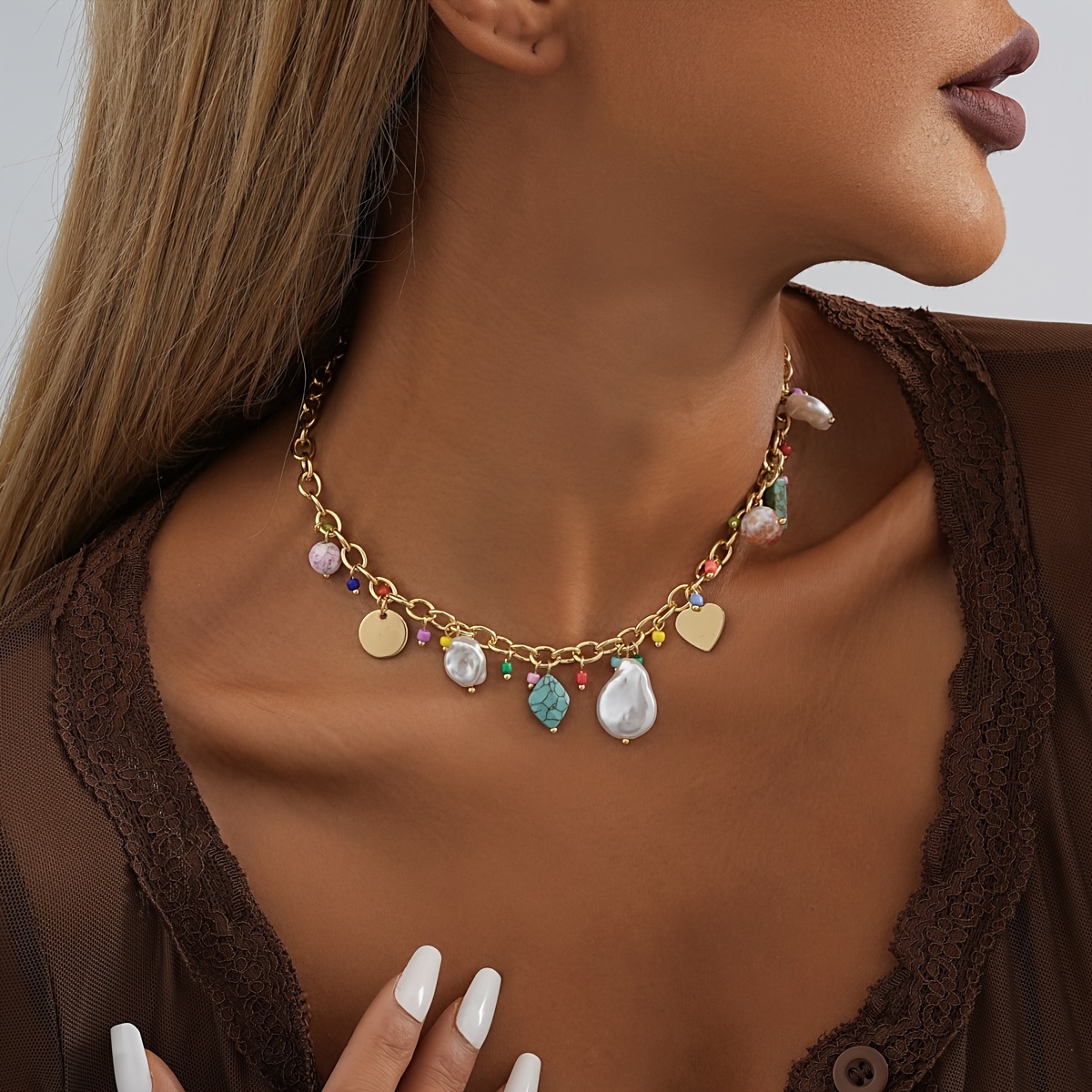 

1pcs Elegant Necklace Multi-color Fashion Charming Necklace Seashell Pendant Necklace Golden Fashion Women Necklace Delicate Turquoise Mini Beaded Necklace For Girls