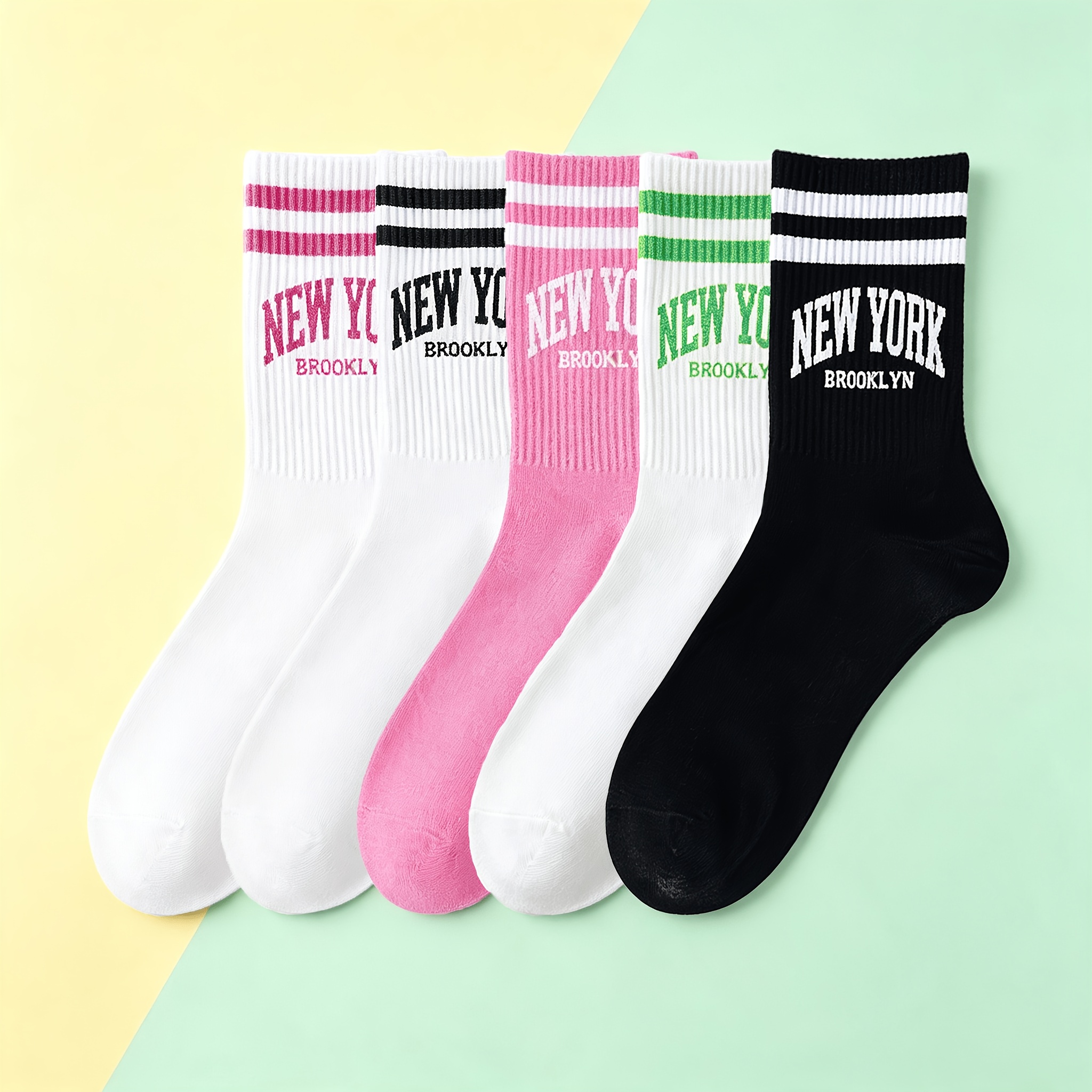 TEMU 5 Pairs - Women's Autumn Winter Retro Letter Print Mid-calf Socks, Pairs Striped Calf Mid-calf Socks, Soft Breathable Athletic Socks, Trendy