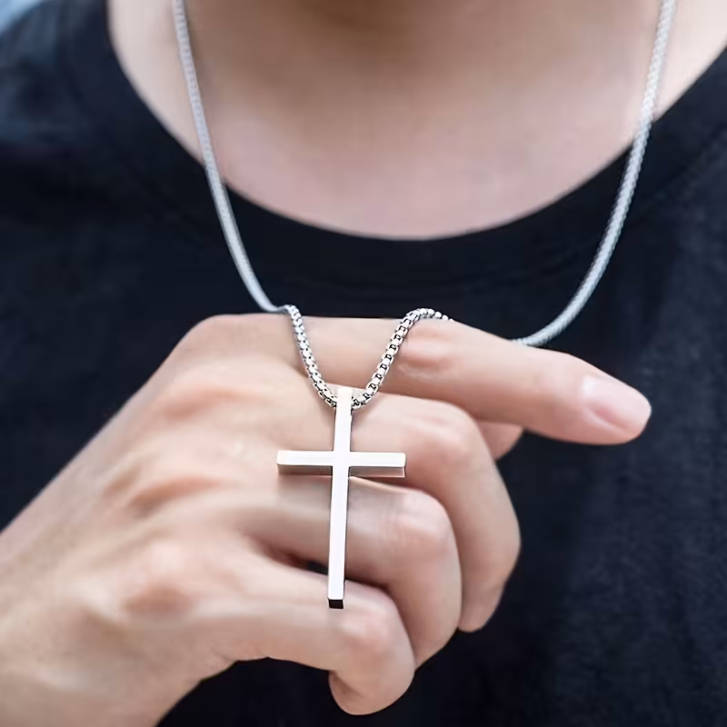 fashionable minimalist style titanium stainless steel cross necklace for men versatile stainless steel cross pendant necklace with leather jackets and denim outfits Product details 2