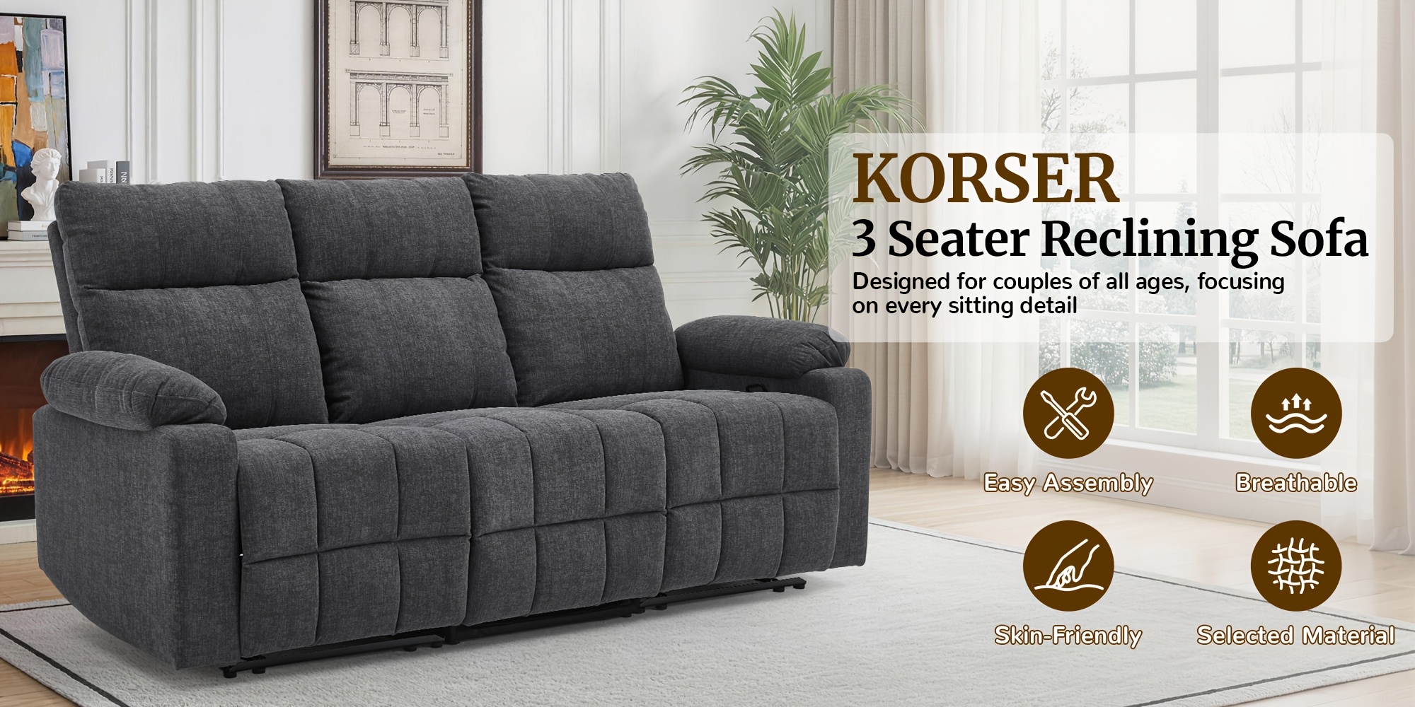 three person sofa design middle backrest   three seat reclining sofa recliner sofa with usb port manual living room sofa Product details 0