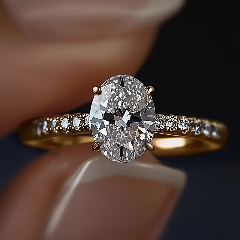 TEMU 1pc Elegant Oval-cut Synthetic Cubic Synthetic Zirconia Copper Ring, Suitable For Daily Gatherings, Weddings, And Valentine's Day Occasions, An