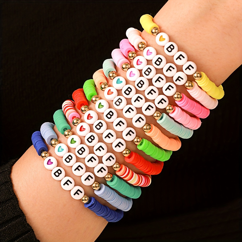 

12pcs Polymer & Letter Beaded Bracelet Set - Elegant & Cute, Perfect Gift For