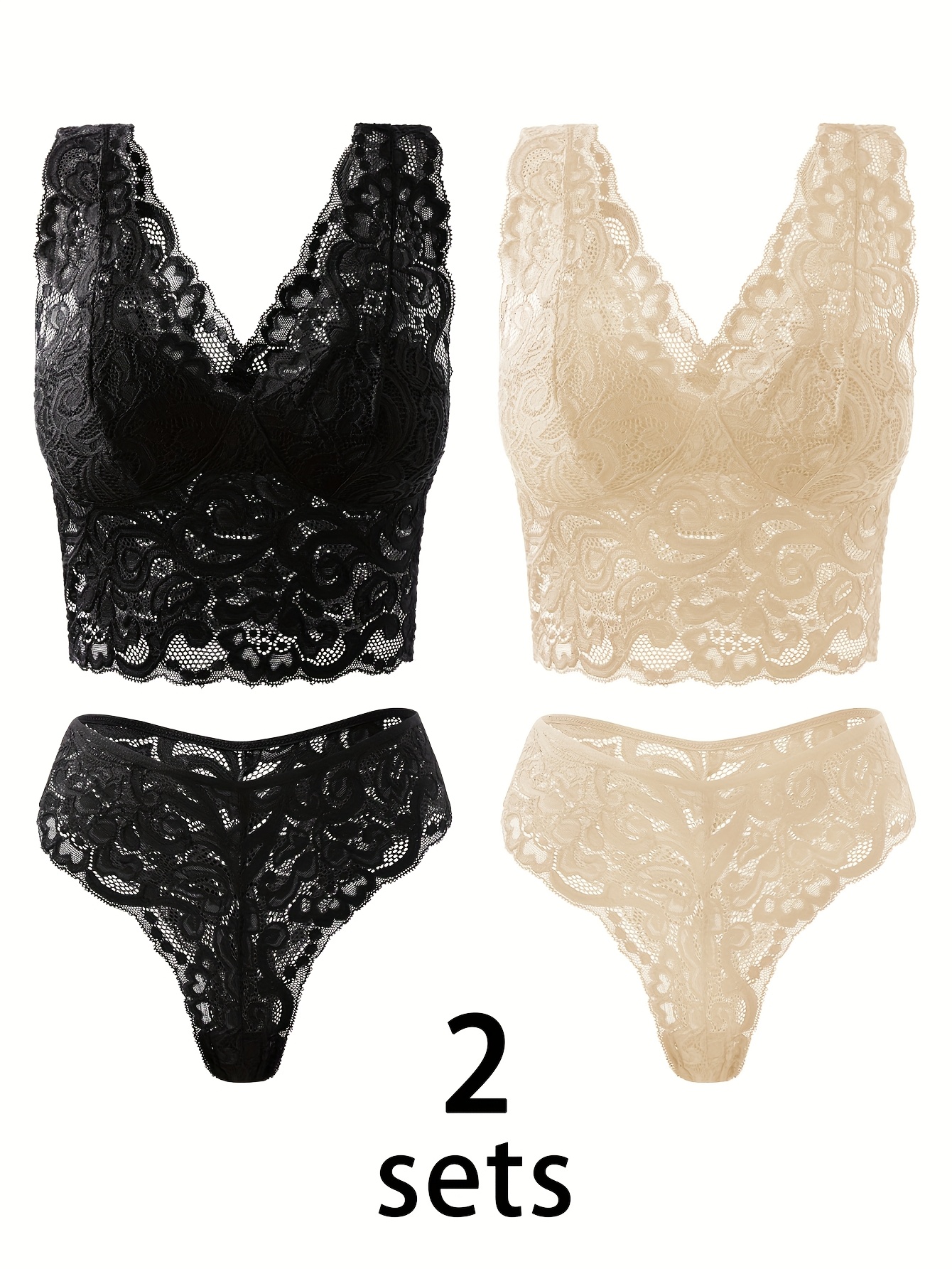 2pcs womens sexy floral lingerie set lace strap bralette solid color fabric adult panties and bra wire free comfortable non padded cups light purple black 0