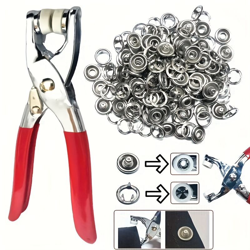 

200pcs Snap Fastener Pliers Tool Set – 9.5mm Metal Button Press Studs For Clothing, Leather Crafts & Sewing – Includes Solid And Hollow Prong Snaps