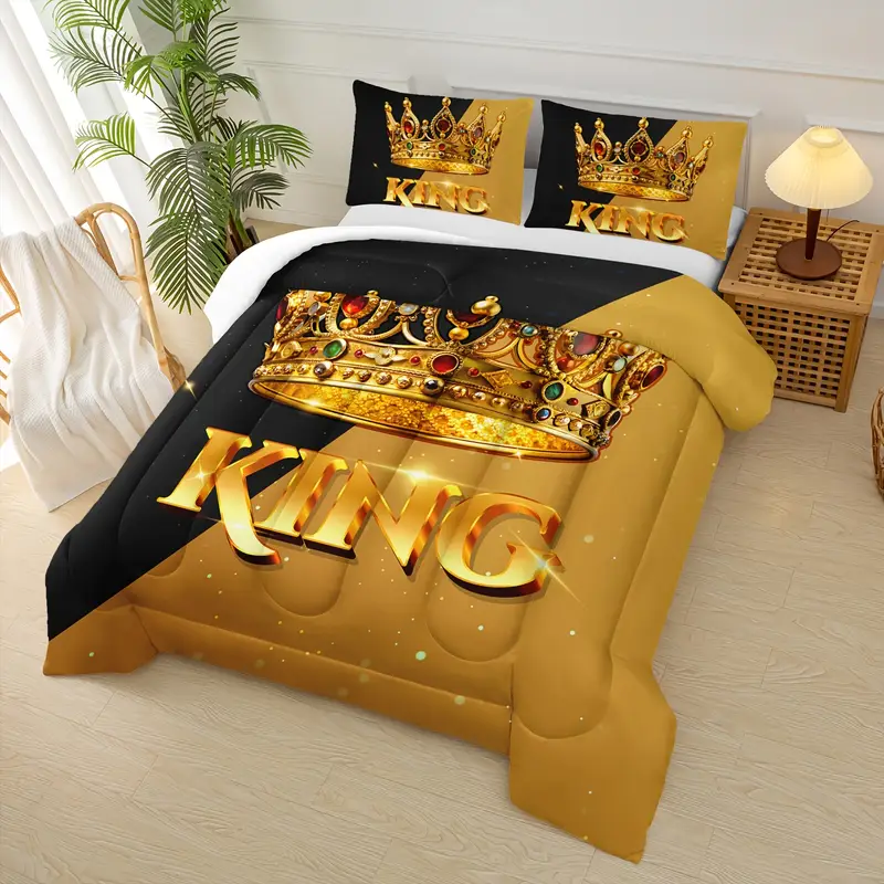 3pcs queen and king quilt set his and hers matching couple bedding set lover mr mrs valentines day theme black and yellow bedding set ruby print wedding room decor 1 comforter 2 pillowcases without pillow core Product details 3