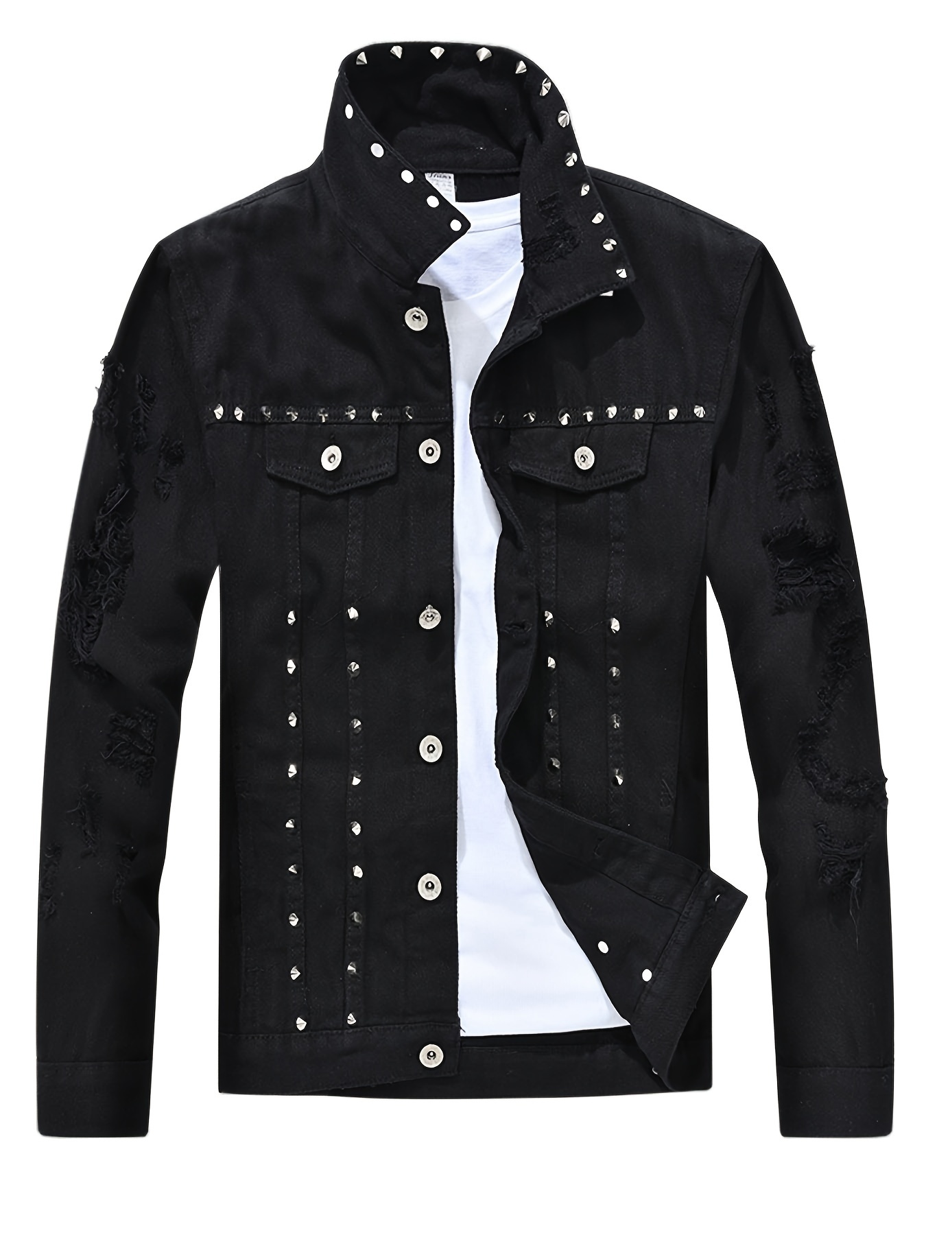 *'s Punk Denim Jacket with Distressed Ripped Holes Rivet Button Front  Collar Trucker Coat, Single-Button Door Frame, Casual Edgy Style for Parti