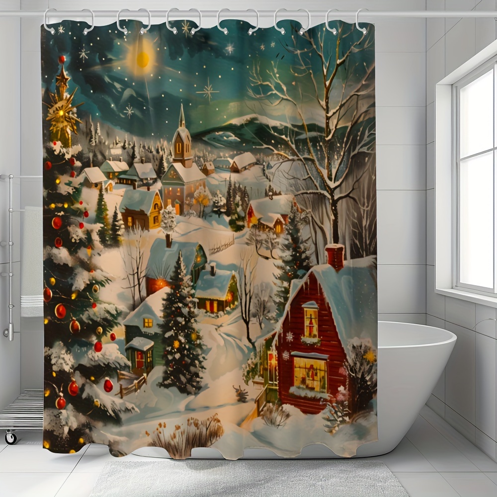 

Winter Wonderland Print Shower Curtain, Water-resistant Polyester Bathroom Decor With Hook Set, Machine Washable, Ripple Fold Top, Satin Weave, Festive Holiday Theme - Includes 12 Hooks