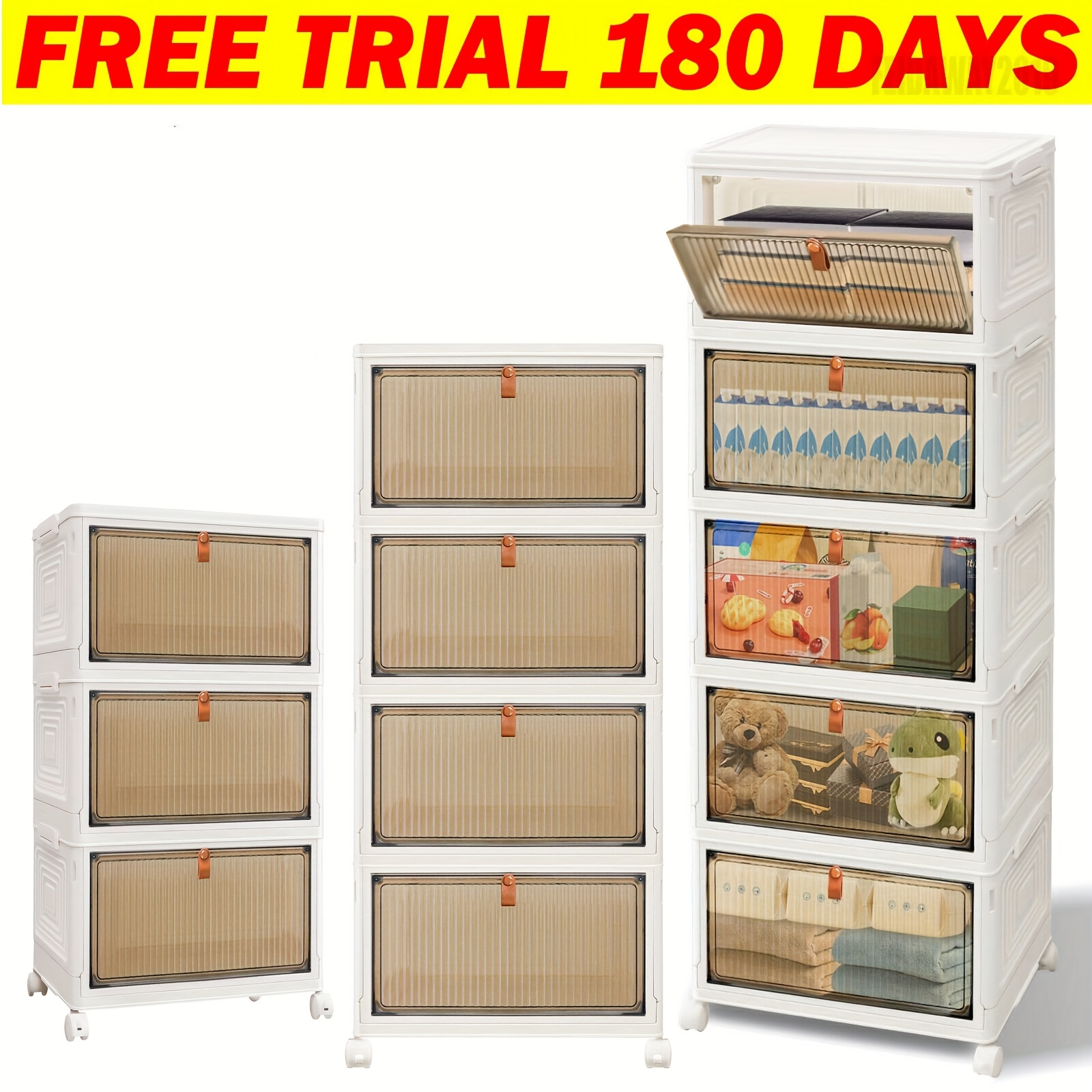 Stackable Storage Boxes 3 4 5 Tier Large Plastic Storage Box with Lids Foldable Collapsible Outdoor Storage Box with Wheels, Front Door Opening Storage Bins for Office Home Organisation Shelf