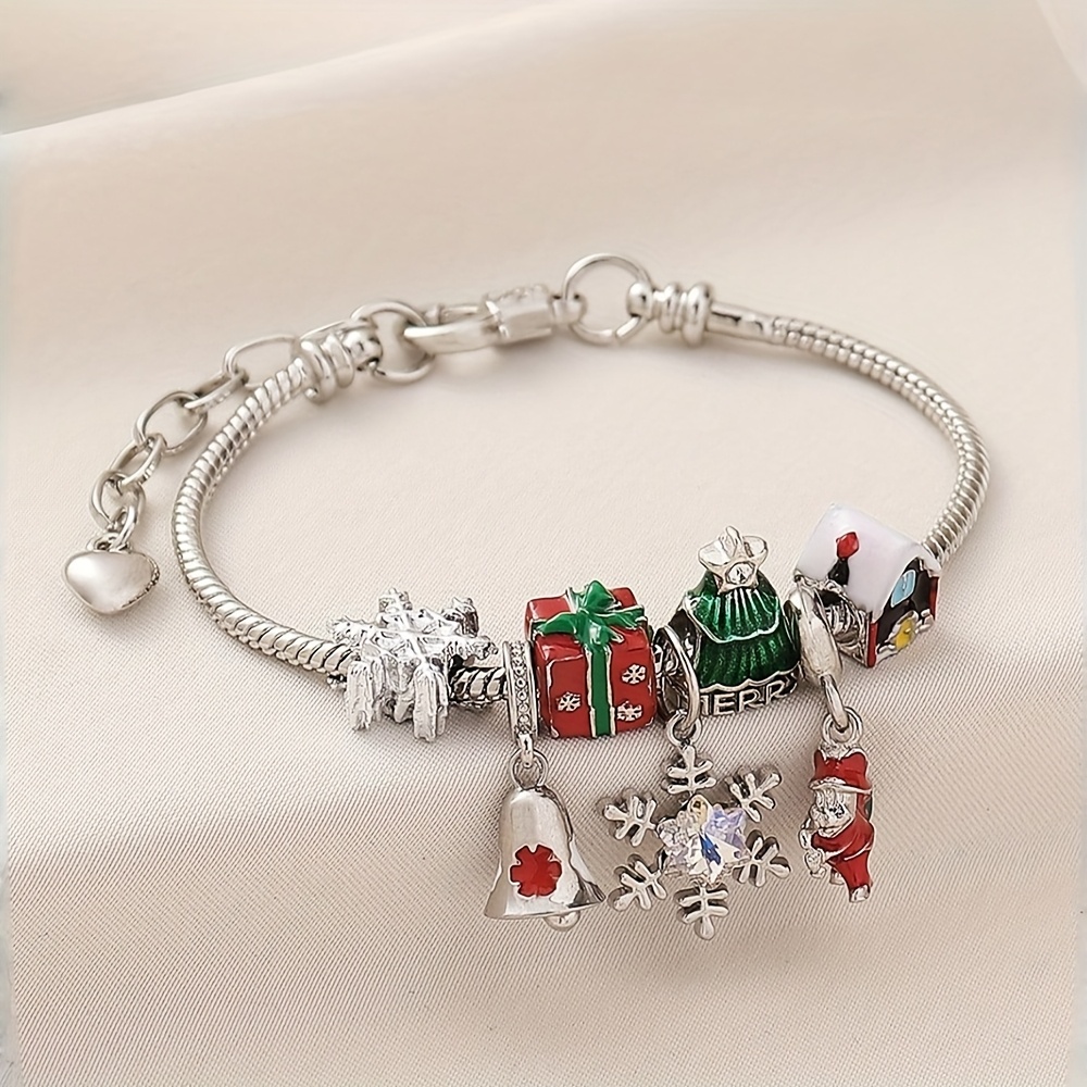 TEMU 1pc Elegant Christmas Crystal Snowflake Christmas Tree, Santa Claus, Bell Beaded Bracelet, Adjustable, Choice For Holiday Gifts