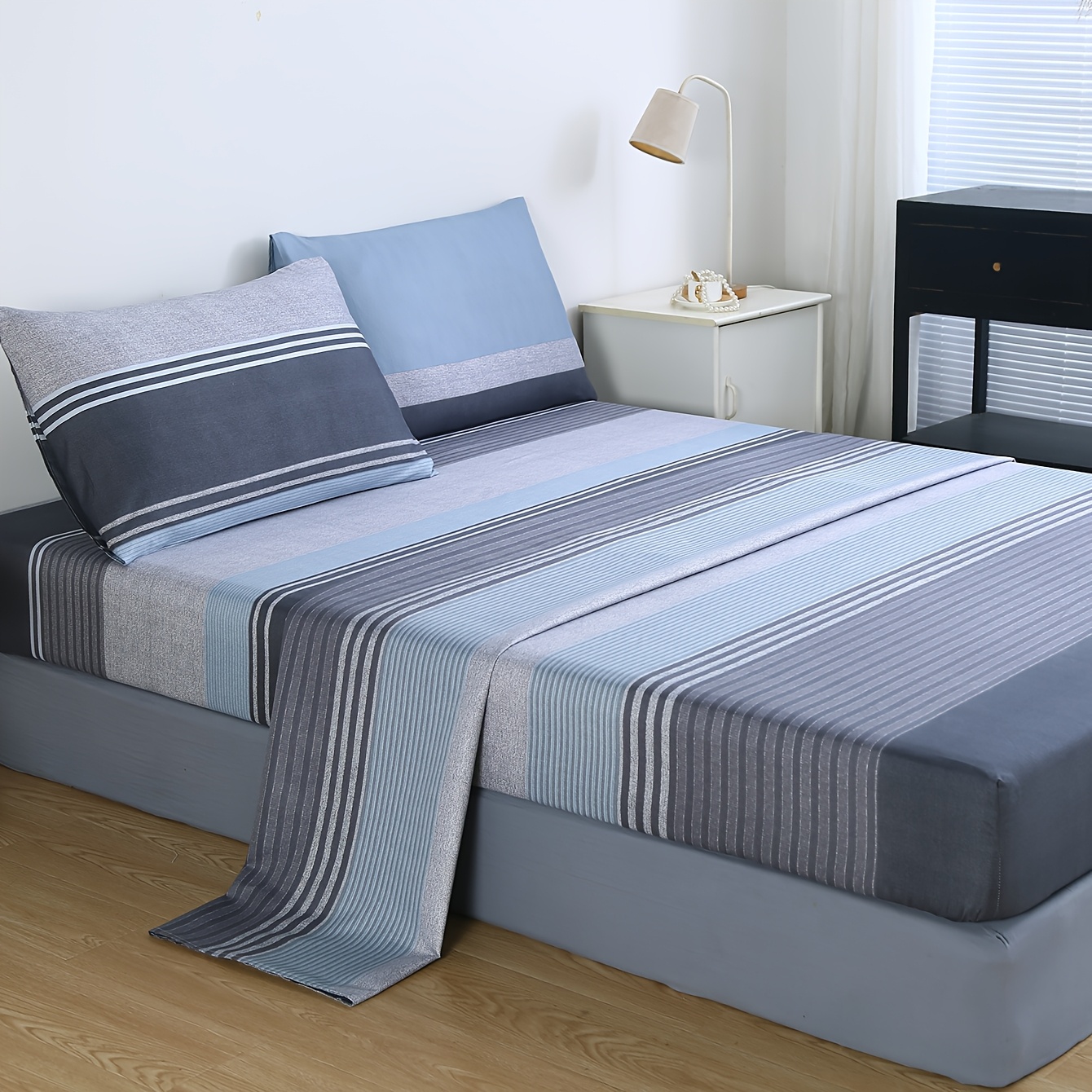 3/4/6pcs Sheet And Fitted Sheet Set, Ultra-Soft Breathable Machine Washable Bedding, Soft Cool Printed Sheet And Fitted Sheet Set (Fitted Sheet, Sheet, Pillowcase) Easy Striped Sheet with Deep Pocket, Bohemian Large Size Sheet, Suitable for Hotel