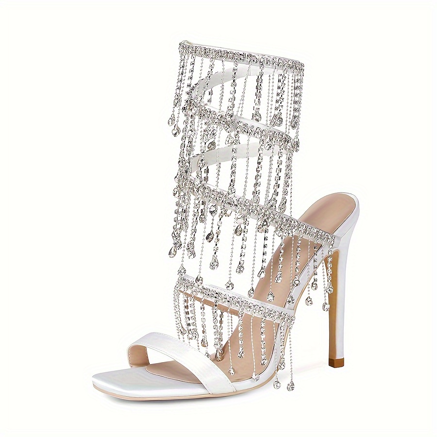 Elegant White Spiral Strap Stiletto Sandals with Tassels Open Toe, High  Heel Dress Shoes for Women, Hand-Washable Fabric Cover Interior