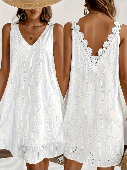 Women's V-neck Sleeveless Embroidered Dress with Open-back Lace Design, Vacation-style Loose-fitting Short Skirt