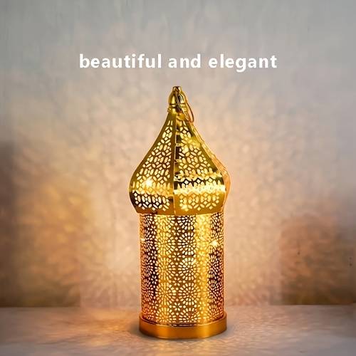 moroccan style wrought iron led decorative candle lantern exquisite geometric hollow pattern romantic dinner decoration ramadan golden hanging portable lamp