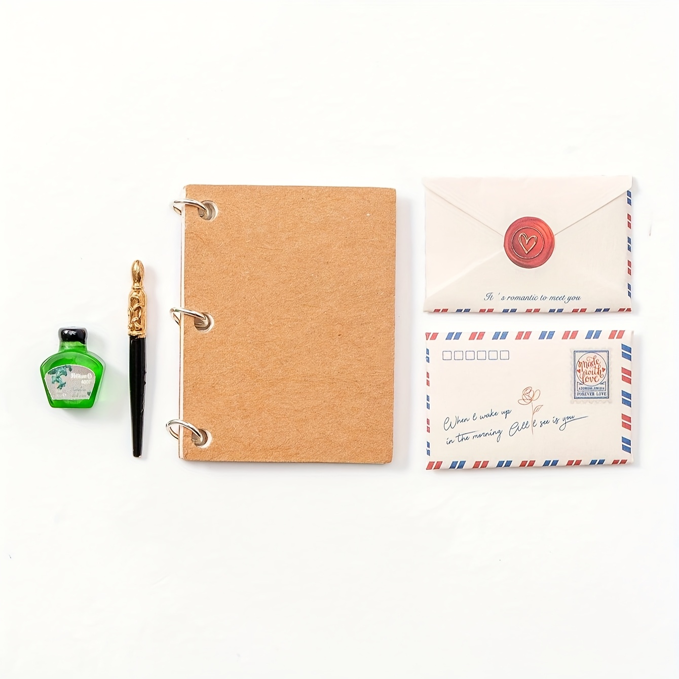 Image of 1 Dollhouse Miniature Retro Letter Set: 1/6 Scale Realistic Fountain Pen, Ink, Notebook, Envelope & Paper, Study Room Bedroom Scene Desktop Decoration Model