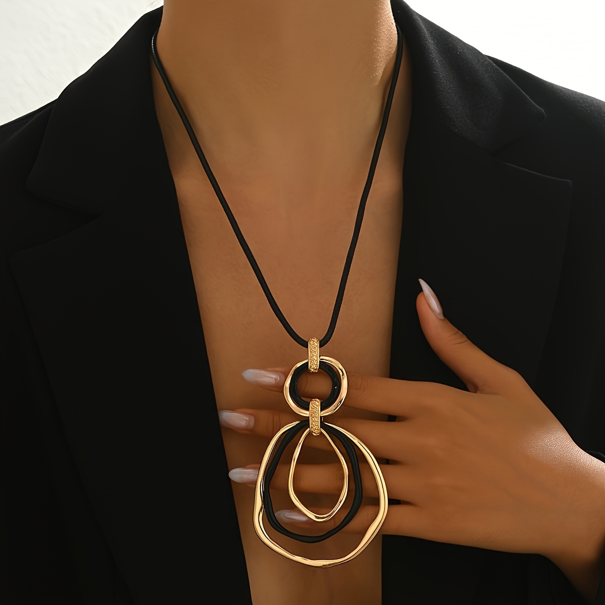 Image of A New Stylish Long Irregular Geometric Hollow Round Pendant Sweater Chain Necklace For Autumn And Winter, Matching Additions