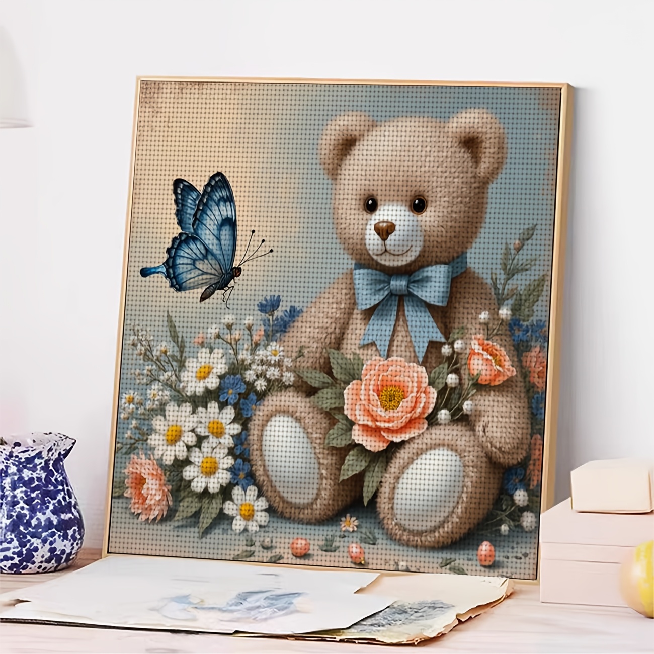 DIY Cross-Stitch Printed Kit - Teddy Bear and Flower Butterfly Design