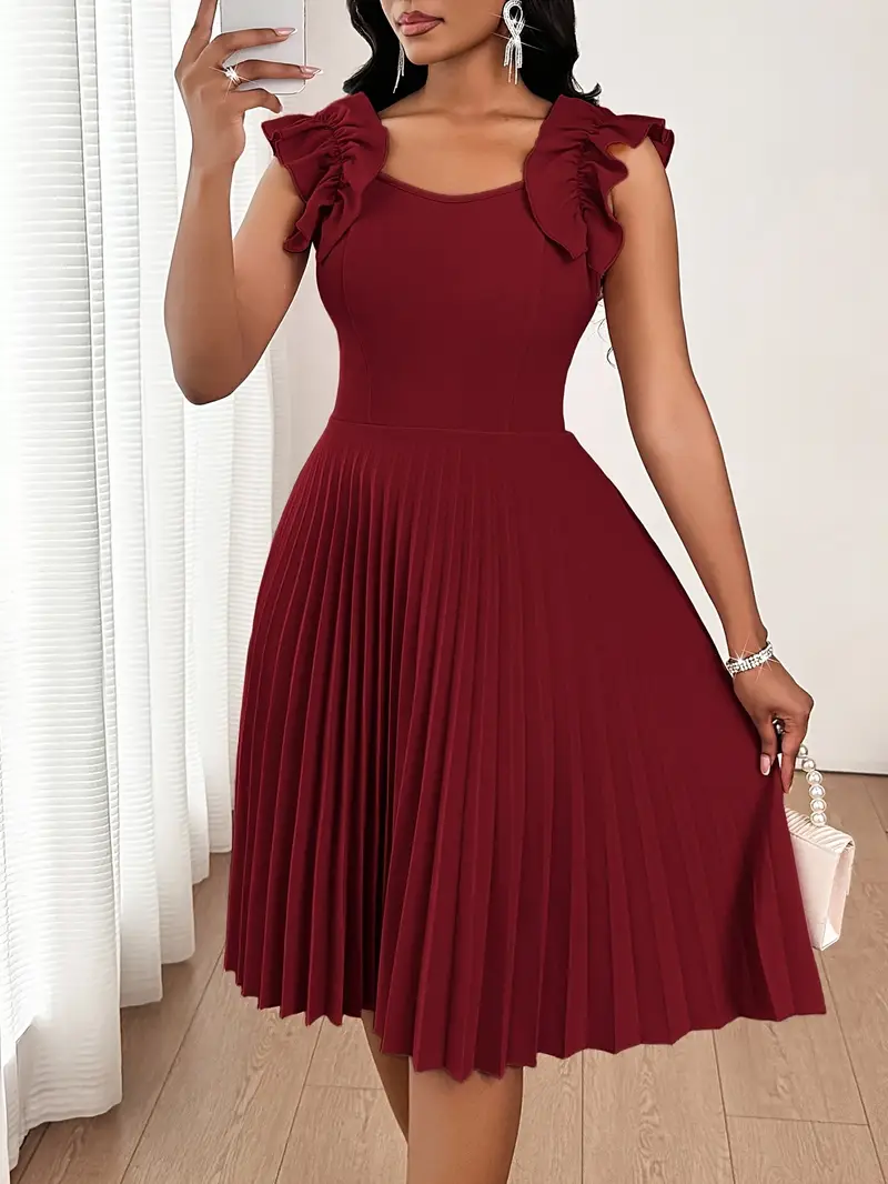 elegant wine red ruffle dress v neck solid color pleated - Temu Oman elegant wine red ruffle dress v neck solid color pleated - Temu Oman