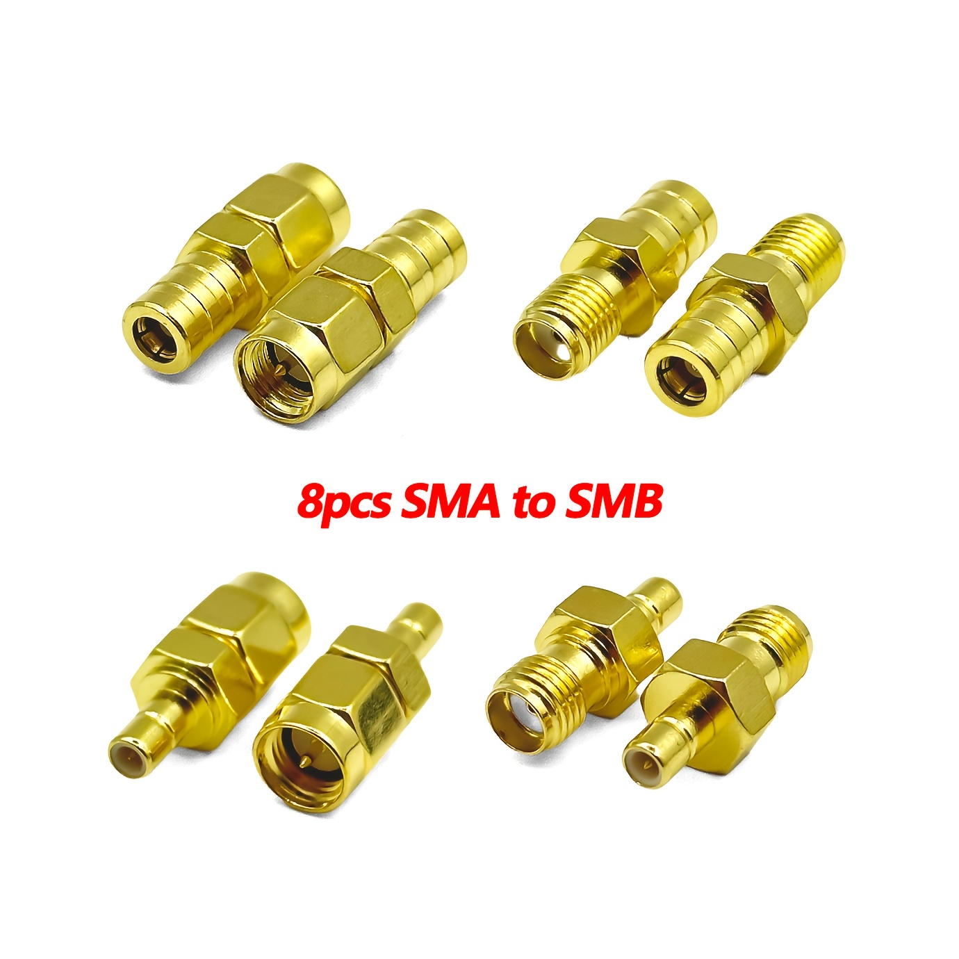 8 stuks SMA naar SMB RF coaxiale connectoren, 50Ω goudgeëtste interface, lage verliezen, anti-interferentie ontwerp, geschikt voor basisstations/testinstrumenten/monitoringsystemen, 4 types set