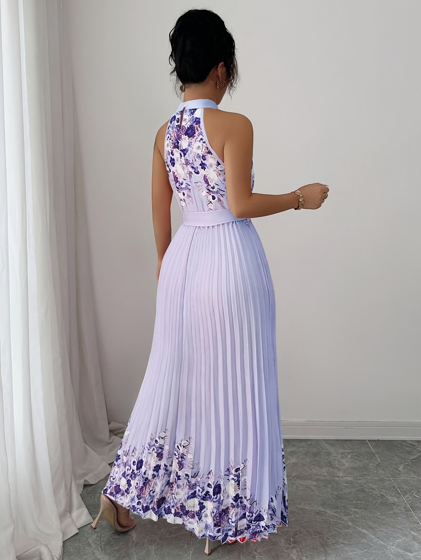 Fashionable New Women'S Summer Halter Floral Print Pleated Dress