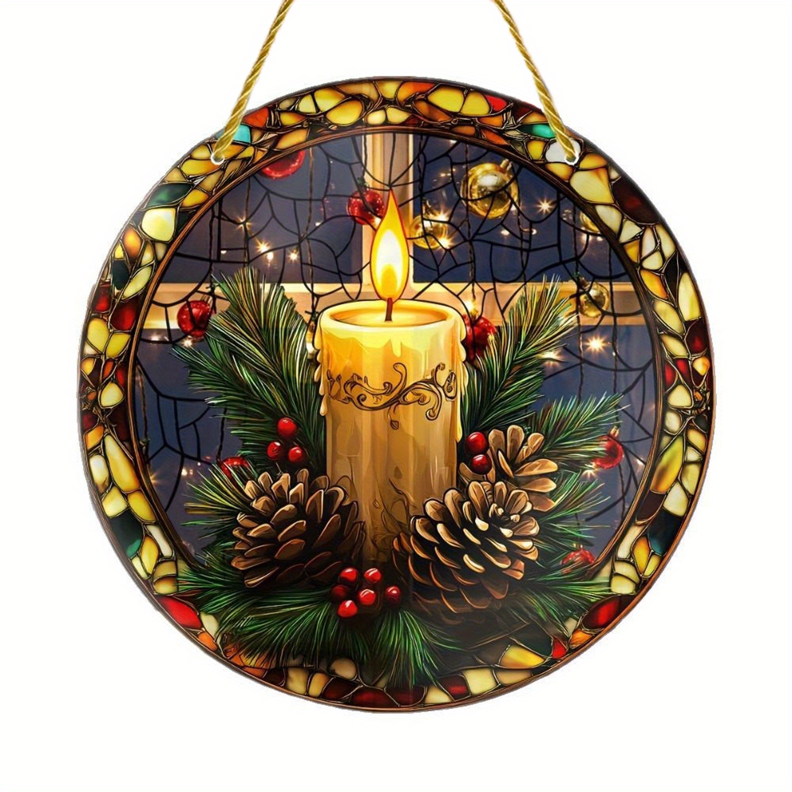 TEMU 2d Flat, 2d Flat Christmas Suncatcher Stained Glass-style Candle Holder Ornament, Featuring Holly And Designs - With Berries And Golden