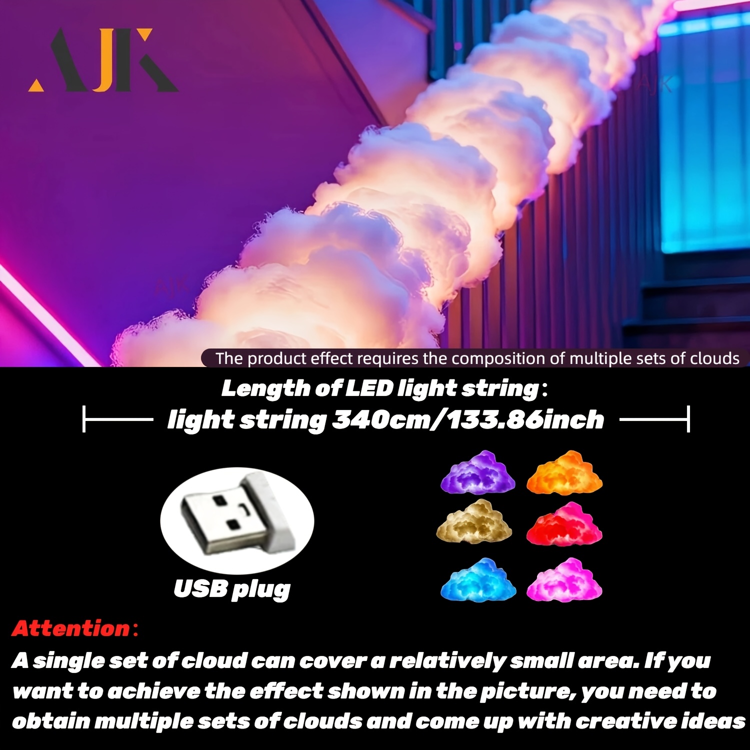 TEMU Stage Lighting Cloud Led String, Music Sync Rgb Color Changing, 340cm/133.86in, Decoration For Staircase, Party, Christmas And Lighting