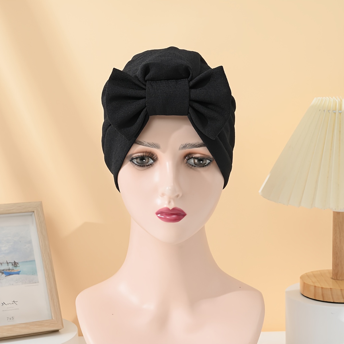 Image of New Solid Color Women's Bow Hat Fashion Stretch Headscarf Hat, Valentine's Day Gift, Bohemian Style Headscarf Hat, Solid Color Pleated Headscarf, Beanie, Chemotherapy Cap
