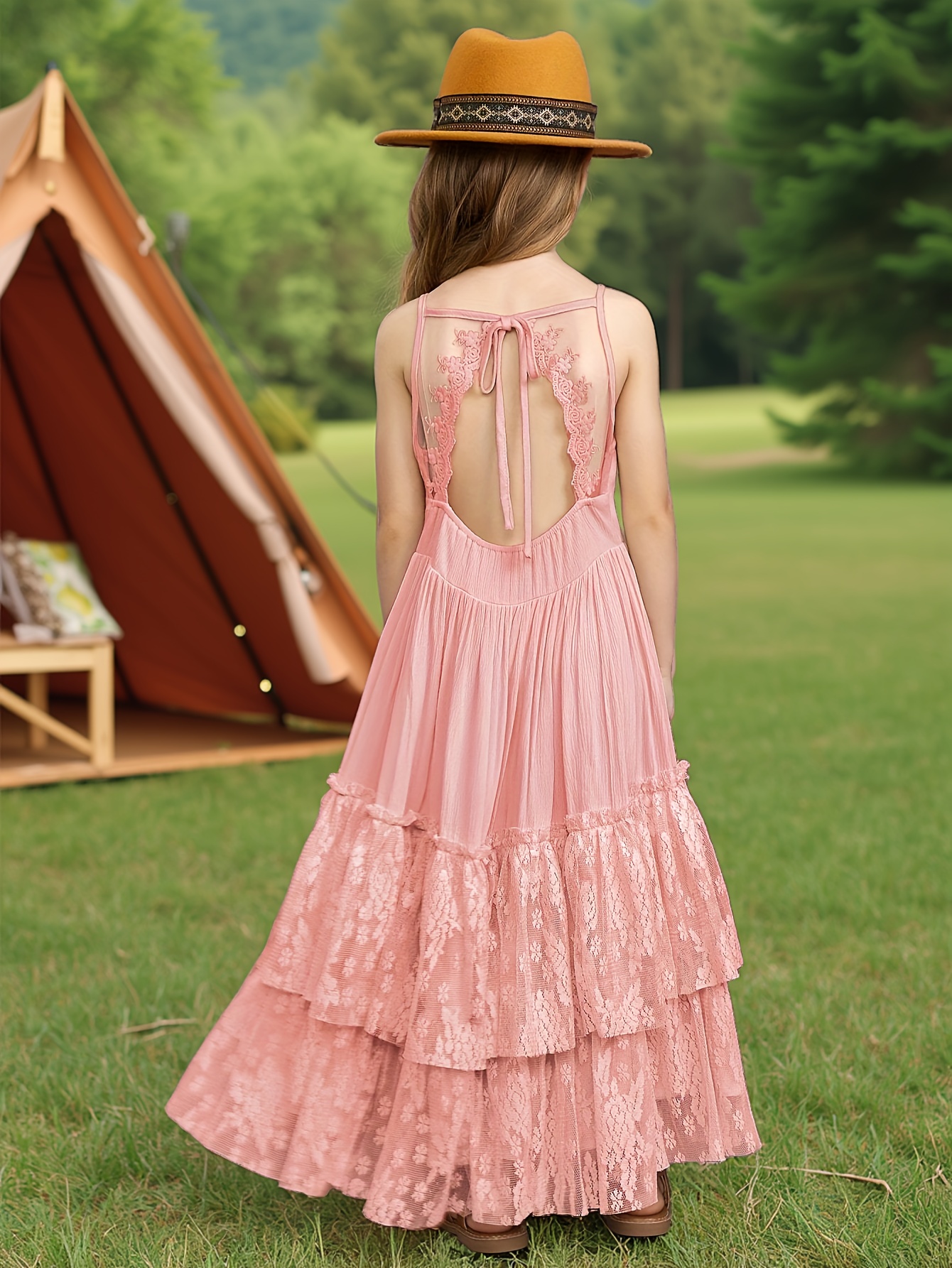 girls halter lace maxi dress backless design pre teen girls - Temu
